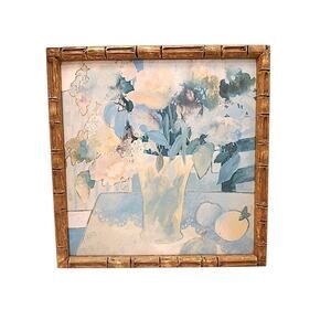 Watercolor Painting Abstract Lt Blue Floral Wood Bamboo Frame Hollywood Regency